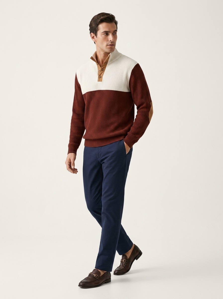 Men's Colorblock Ribbed Knit Pullover with Button Placket