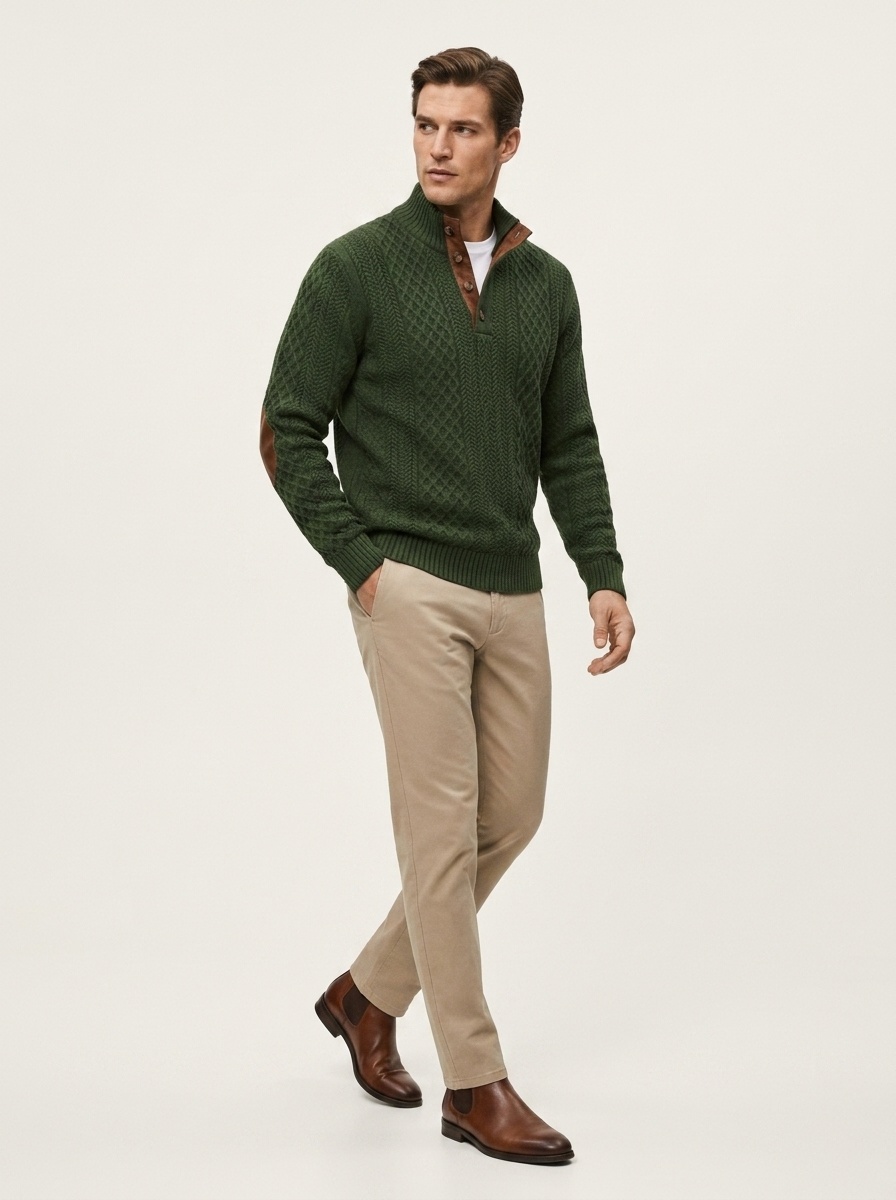 Men's Button-Placket Knit Pullover Sweater