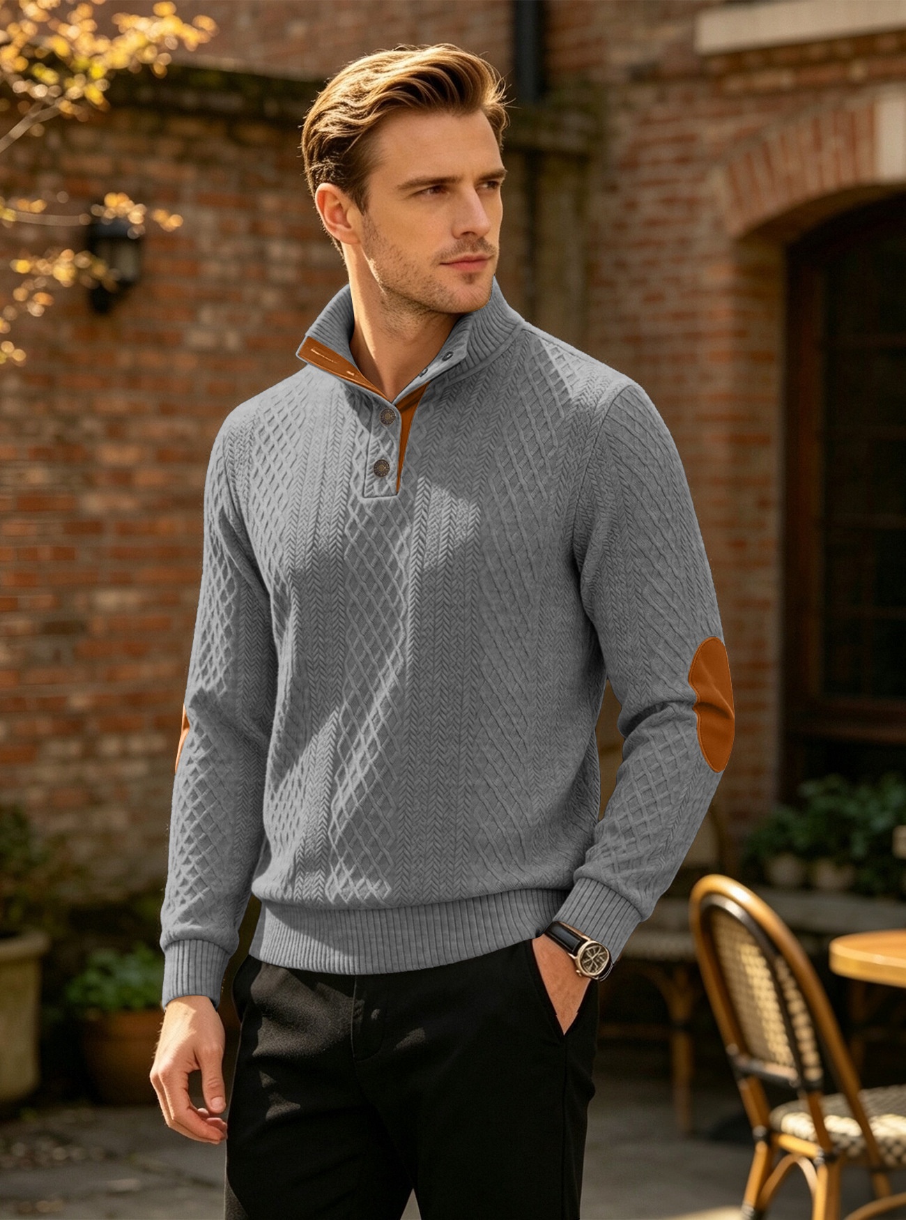 Men's Button-Placket Knit Pullover Sweater