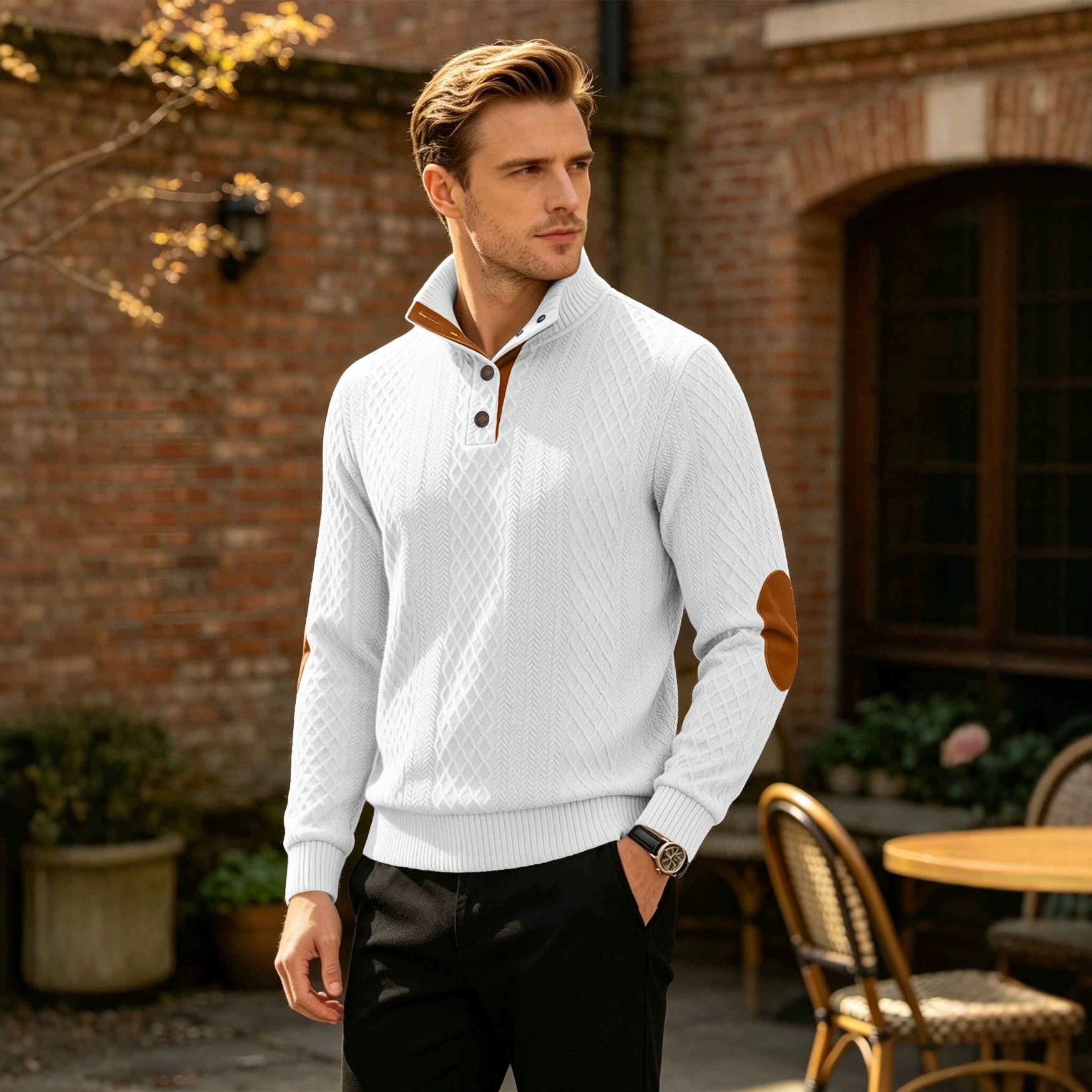 Men's Button-Placket Knit Pullover Sweater