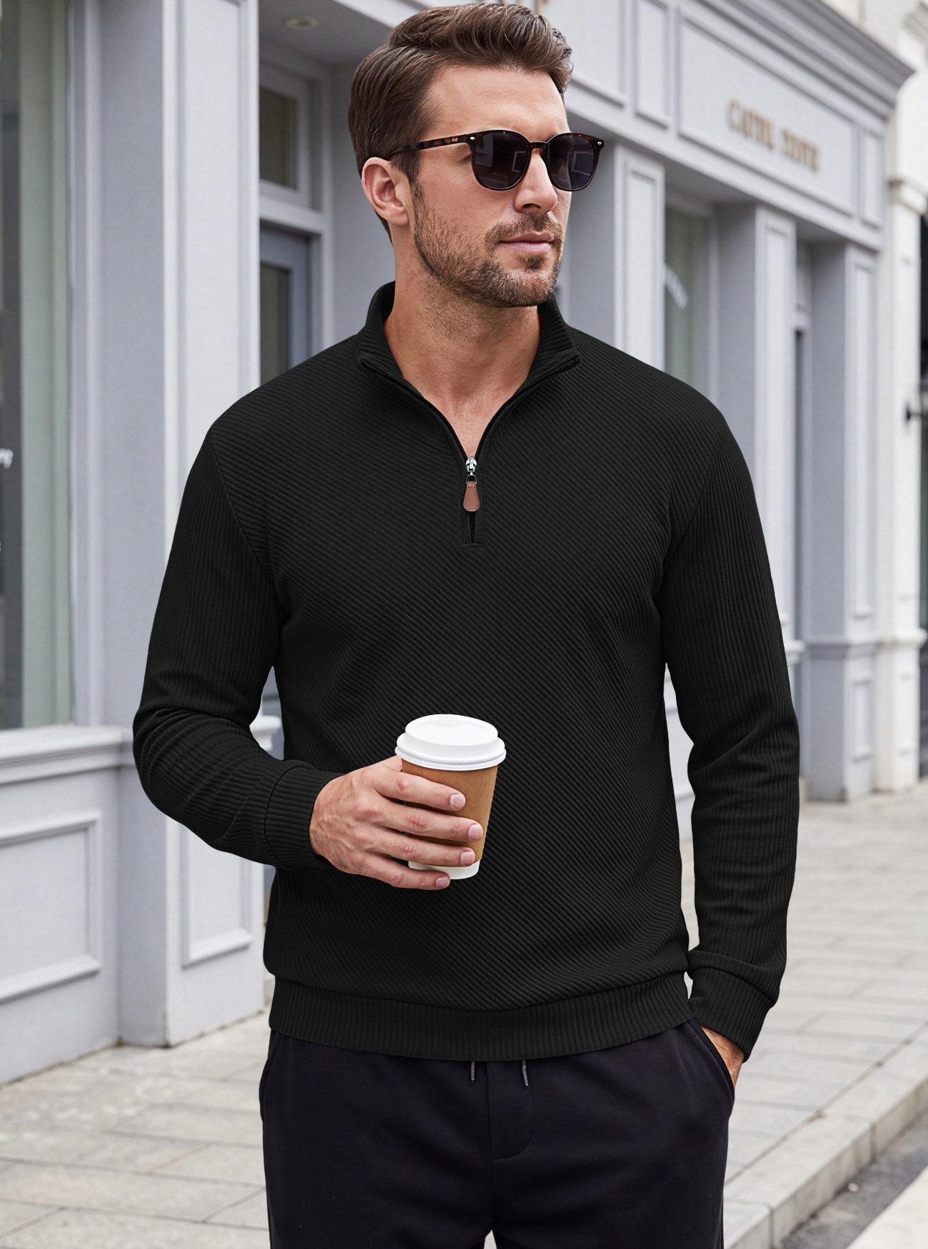 Men's Ribbed Half-zip Long-Sleeved Sweater