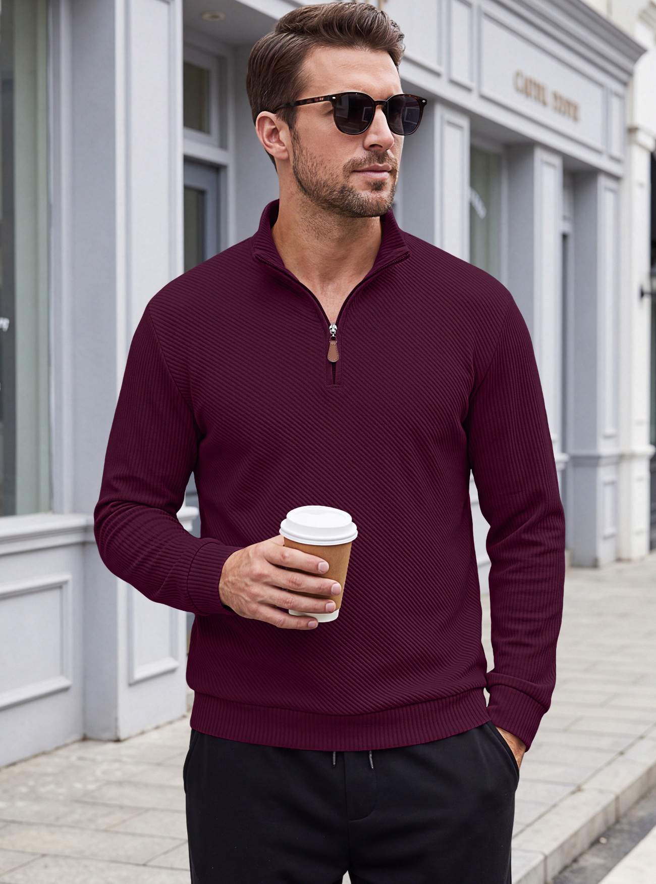 Men's Ribbed Half-zip Long-Sleeved Sweater
