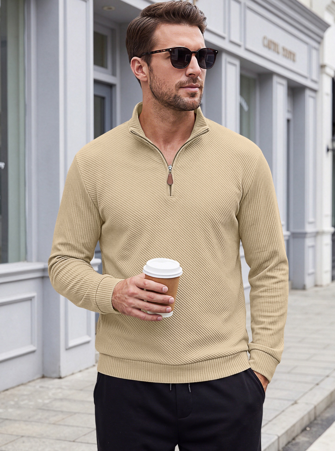 Men's Ribbed Half-zip Long-Sleeved Sweater