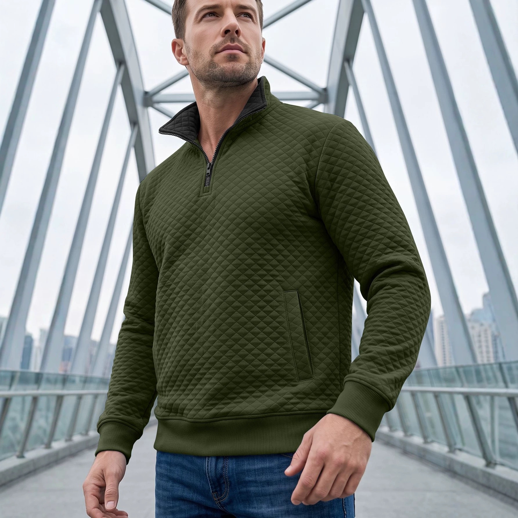 Men's Quilted Quarter-Zip Pullover with Contrast Collar
