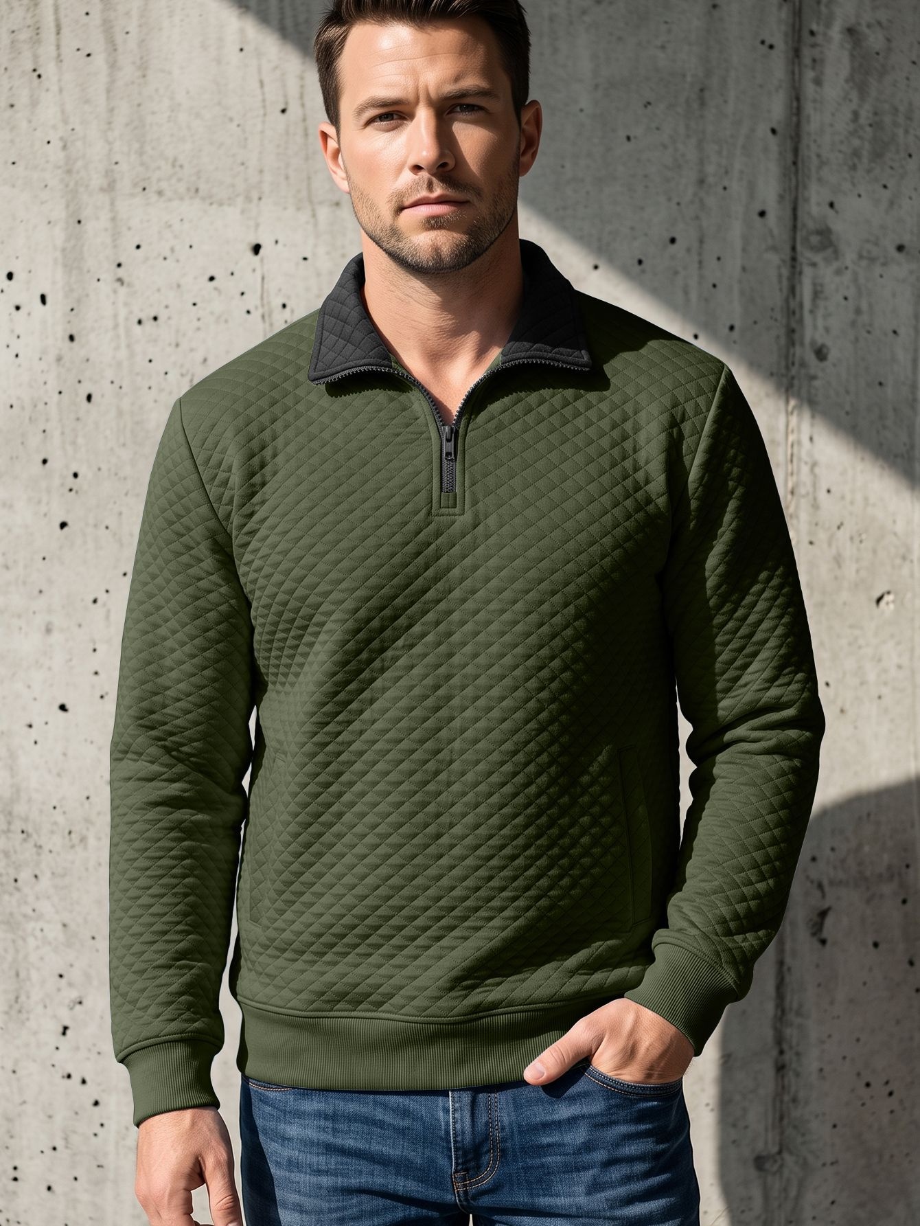 Men's Quilted Quarter-Zip Pullover with Contrast Collar
