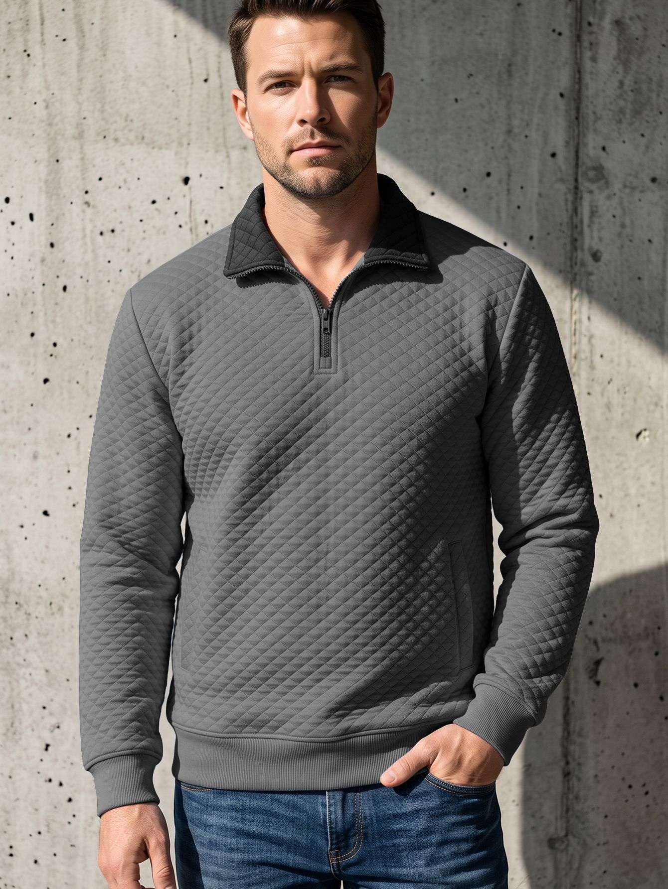 Men's Quilted Quarter-Zip Pullover with Contrast Collar