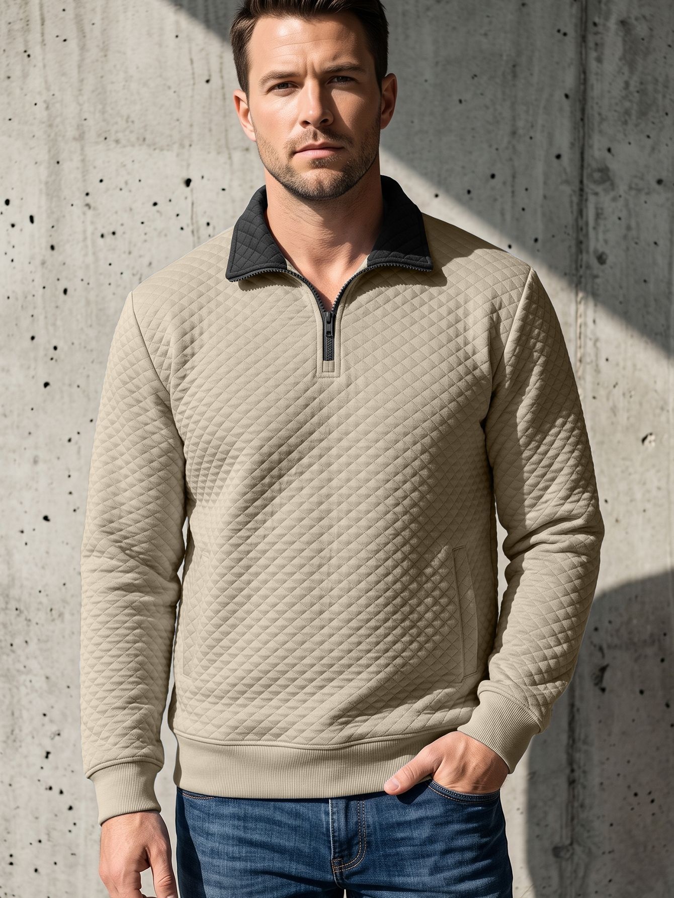 Men's Quilted Quarter-Zip Pullover with Contrast Collar