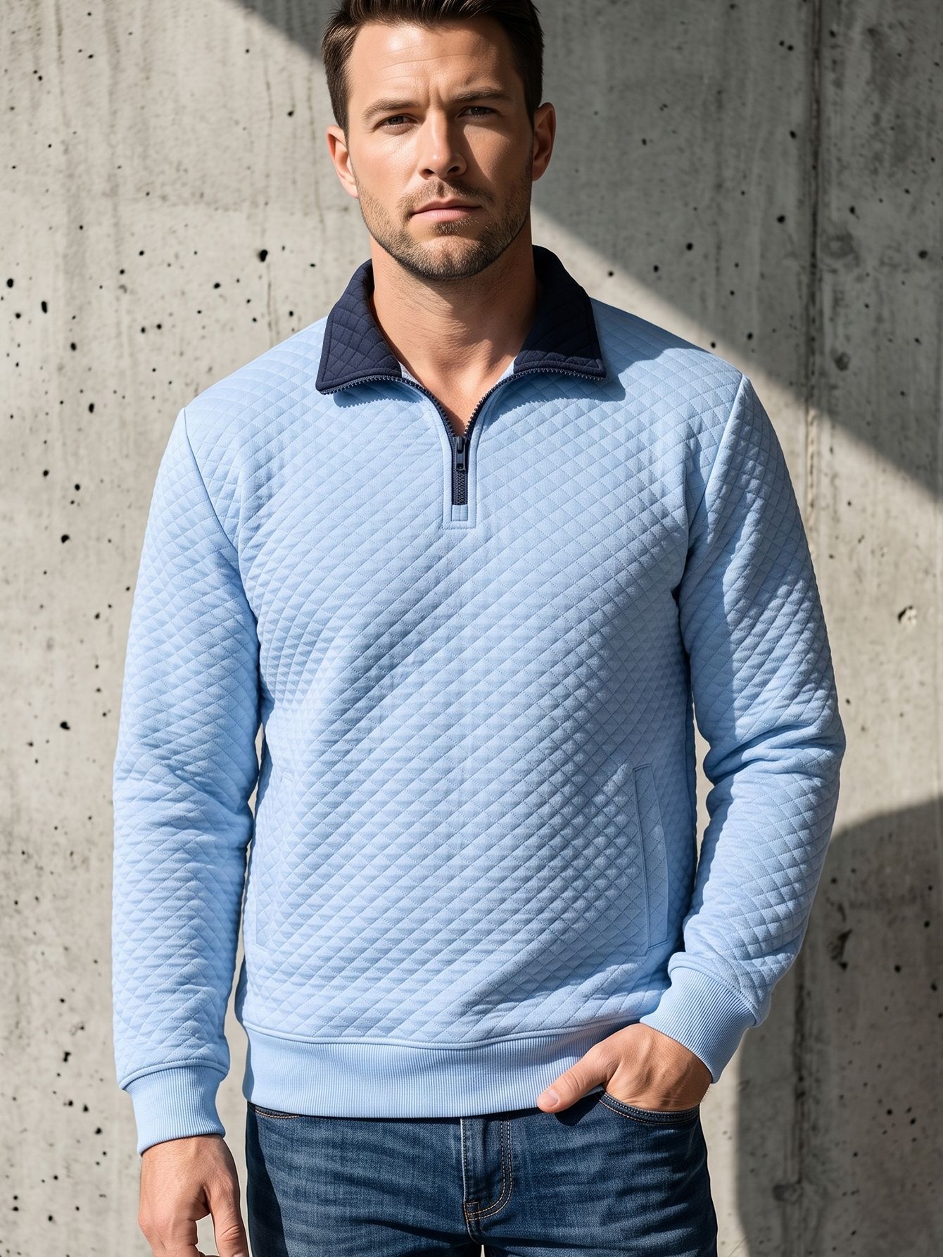 Men's Quilted Quarter-Zip Pullover with Contrast Collar