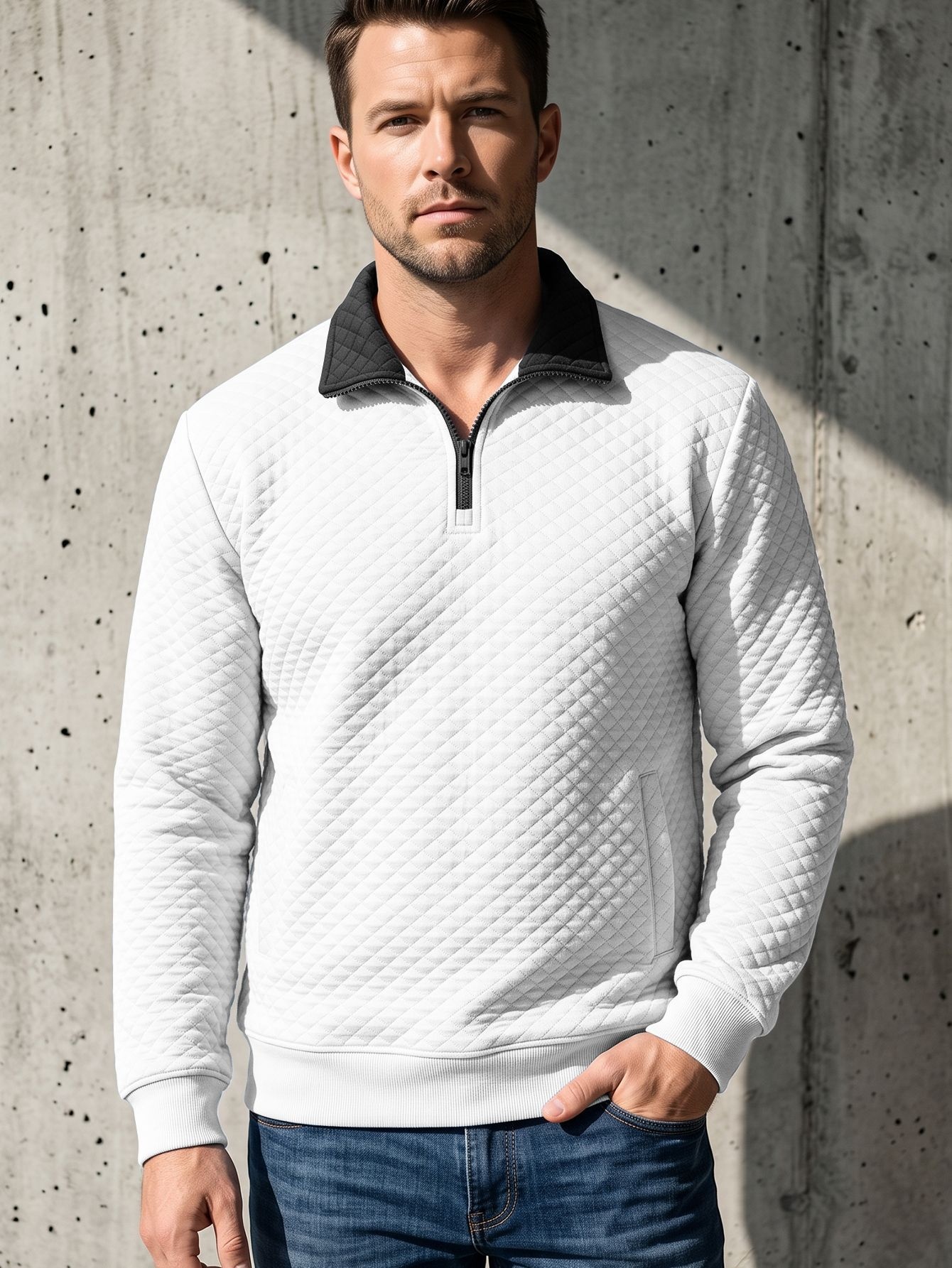 Men's Quilted Quarter-Zip Pullover with Contrast Collar
