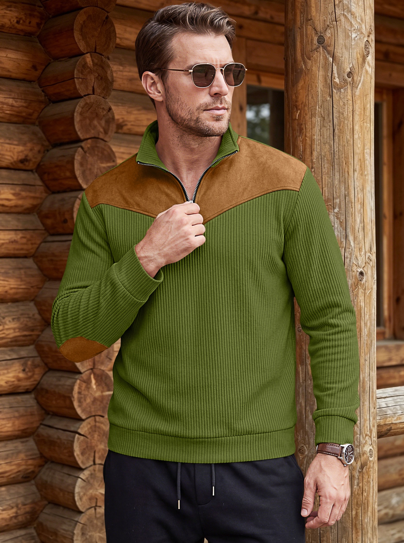 Men's Contrast Quarter-Zip Ribbed Pullover