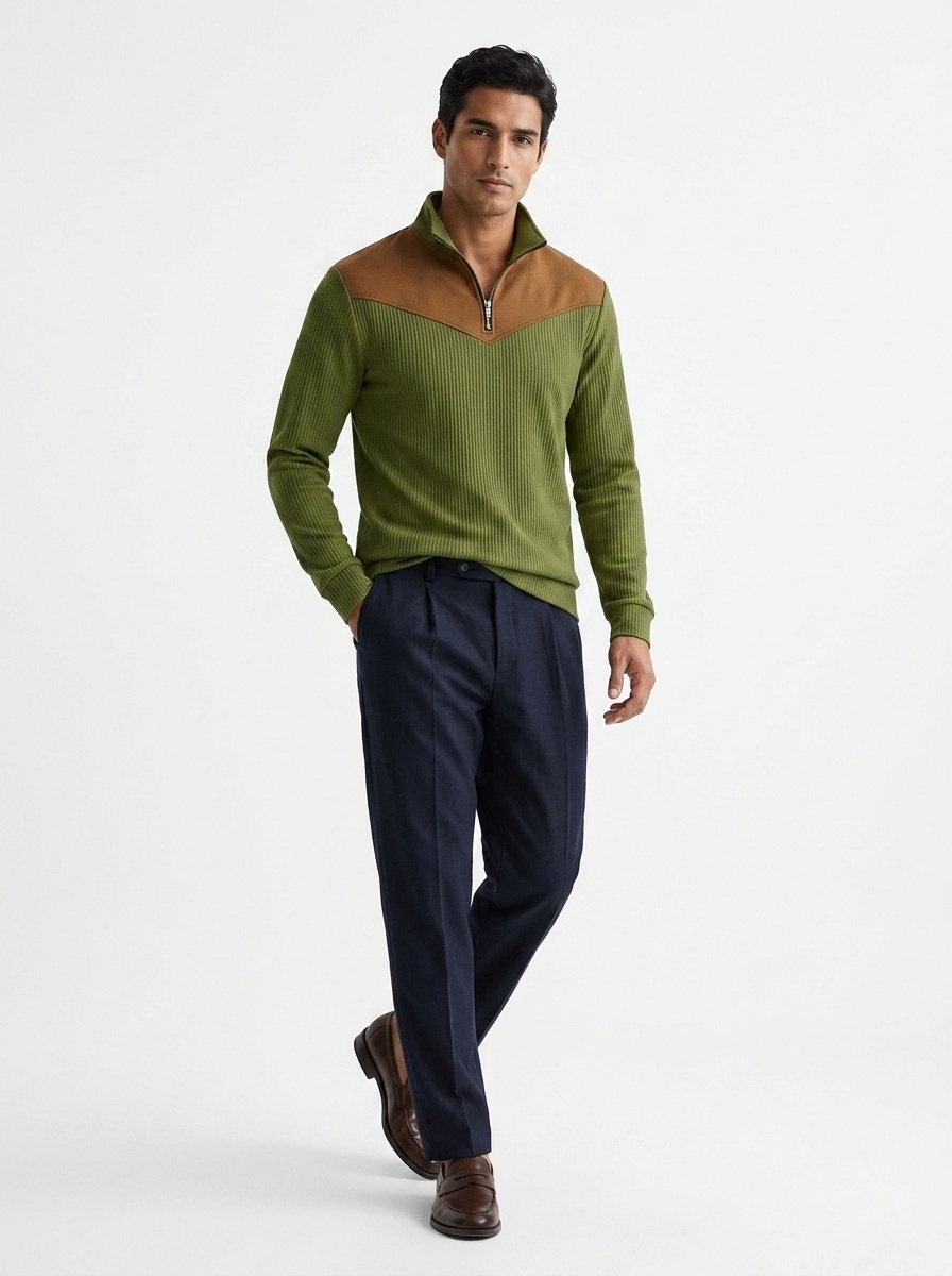 Men's Contrast Quarter-Zip Ribbed Pullover