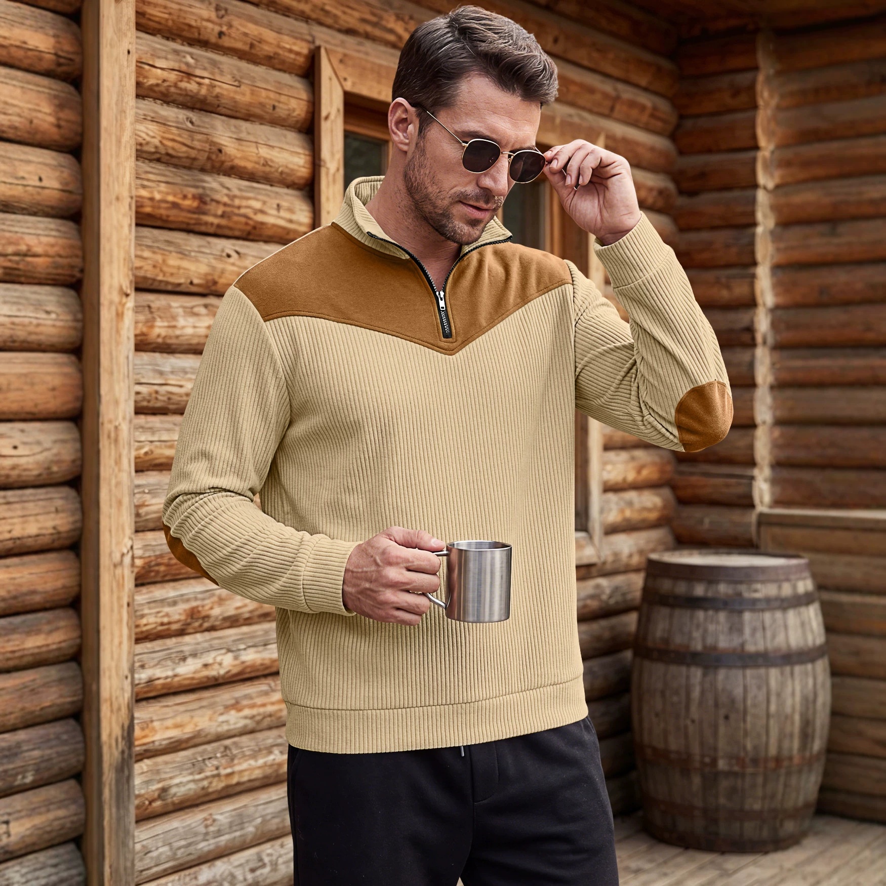 Men's Contrast Quarter-Zip Ribbed Pullover