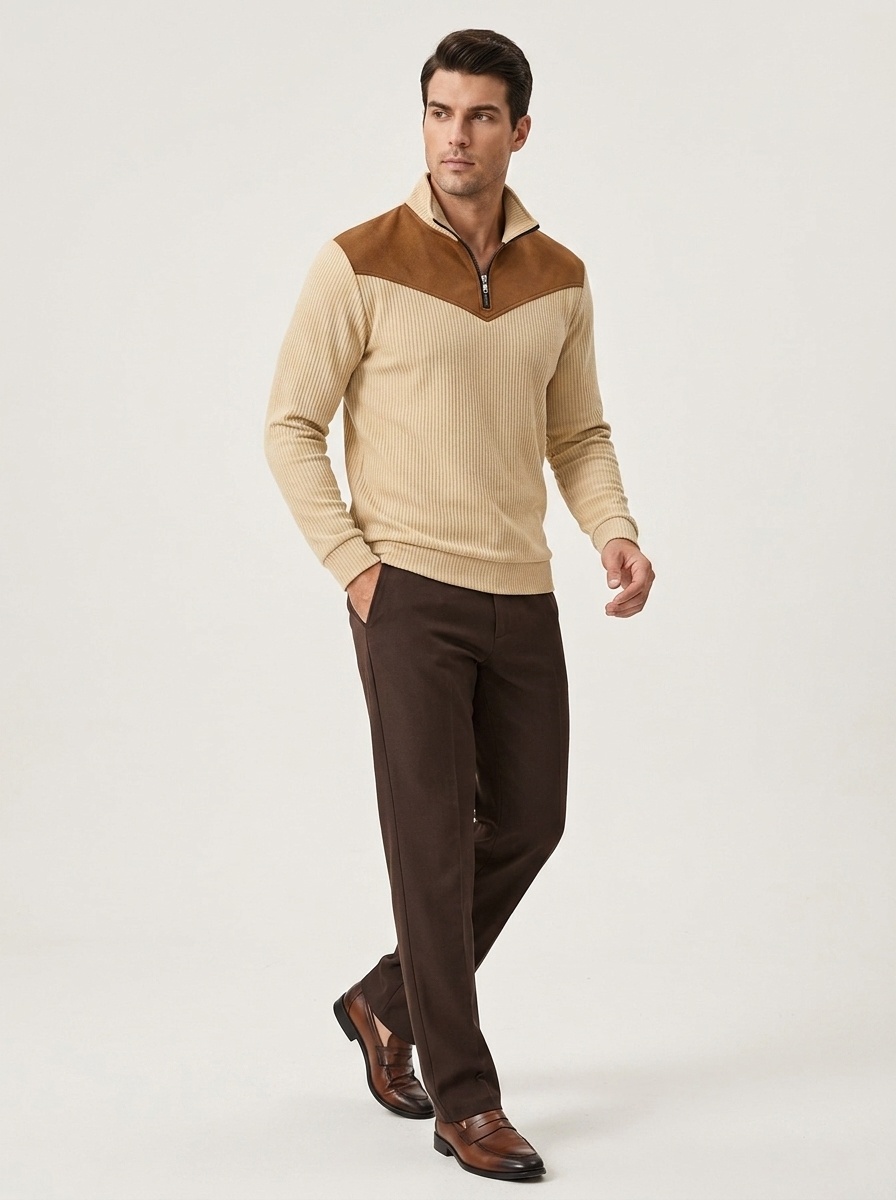 Men's Contrast Quarter-Zip Ribbed Pullover