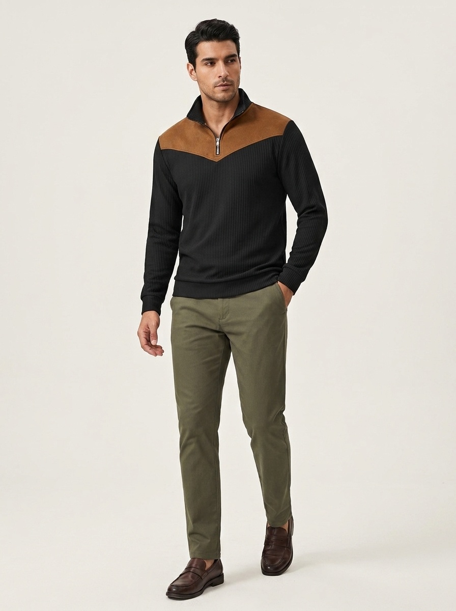 Men's Contrast Quarter-Zip Ribbed Pullover