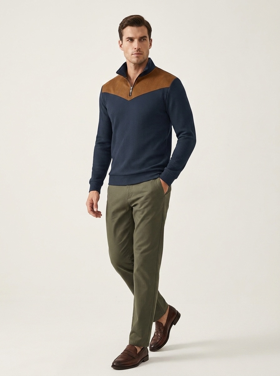 Men's Contrast Quarter-Zip Ribbed Pullover
