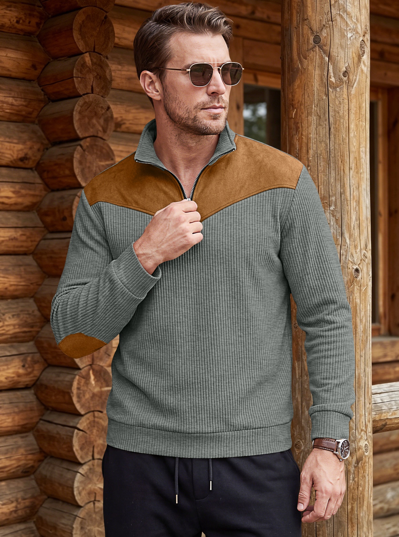 Men's Contrast Quarter-Zip Ribbed Pullover