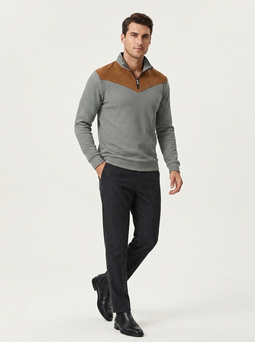 Men's Contrast Quarter-Zip Ribbed Pullover