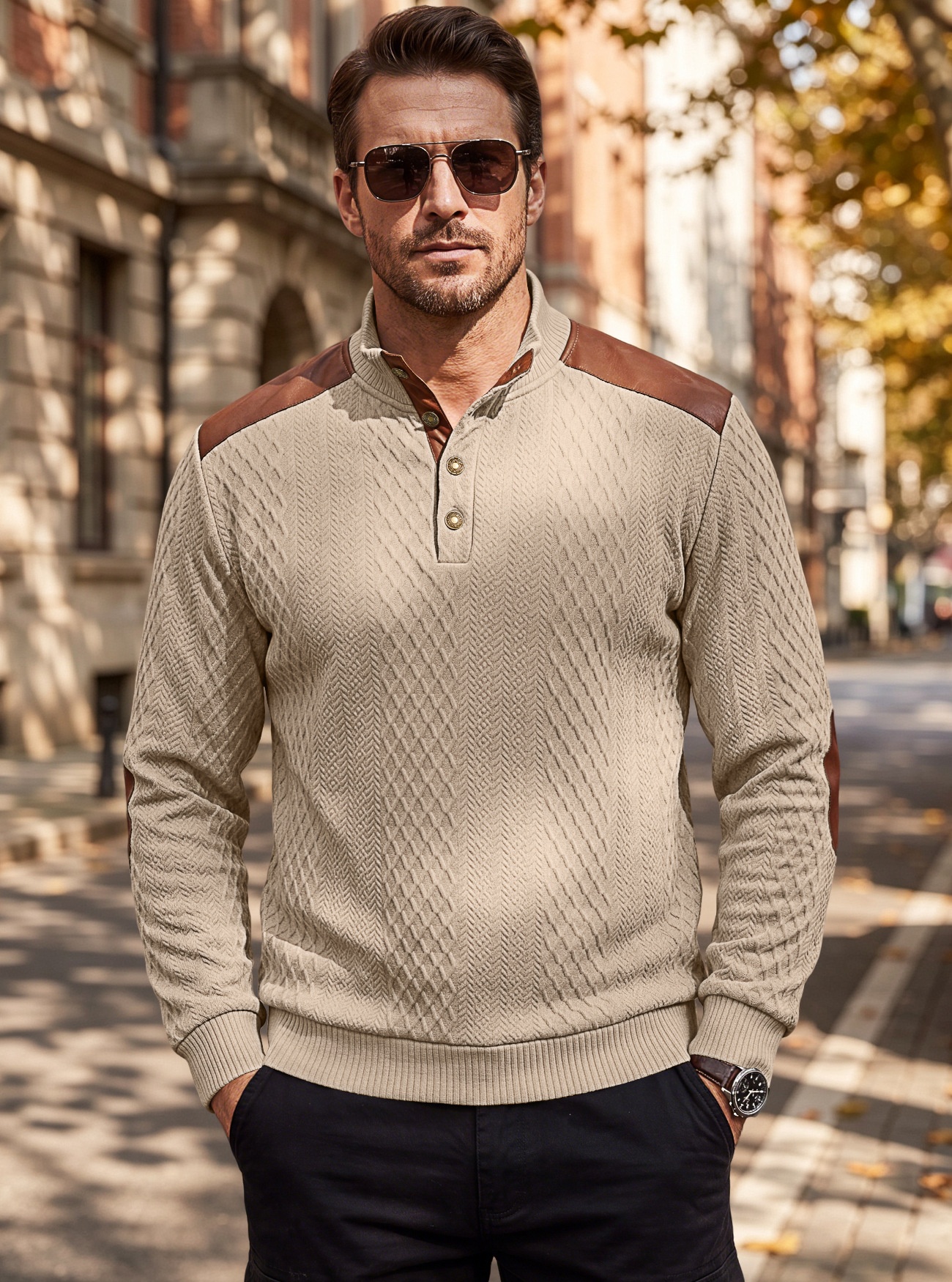 Men's Contrast Patchwork Henley Sweater