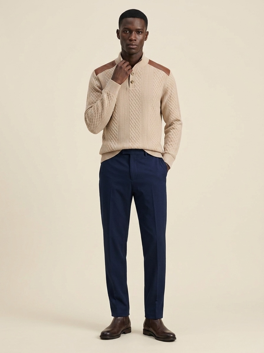 Men's Contrast Patchwork Henley Sweater