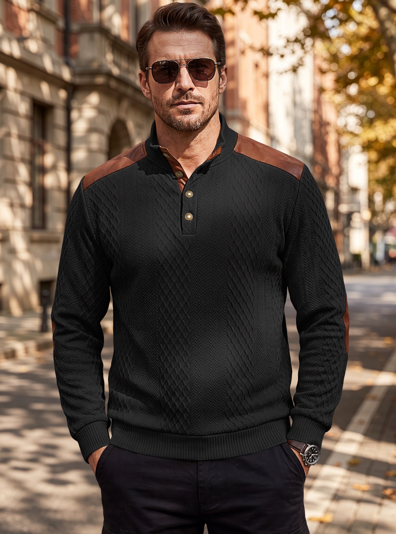 Men's Contrast Patchwork Henley Sweater