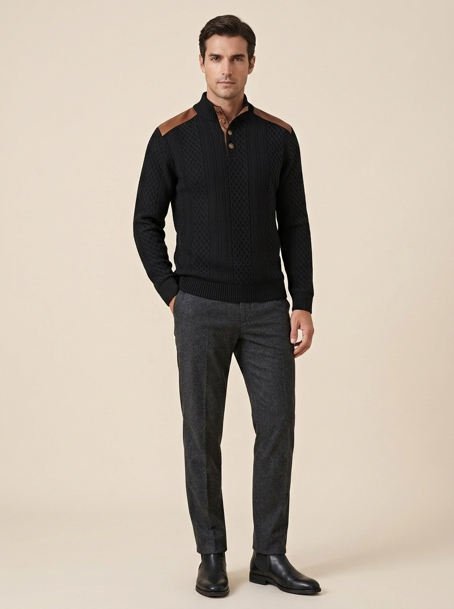 Men's Contrast Patchwork Henley Sweater