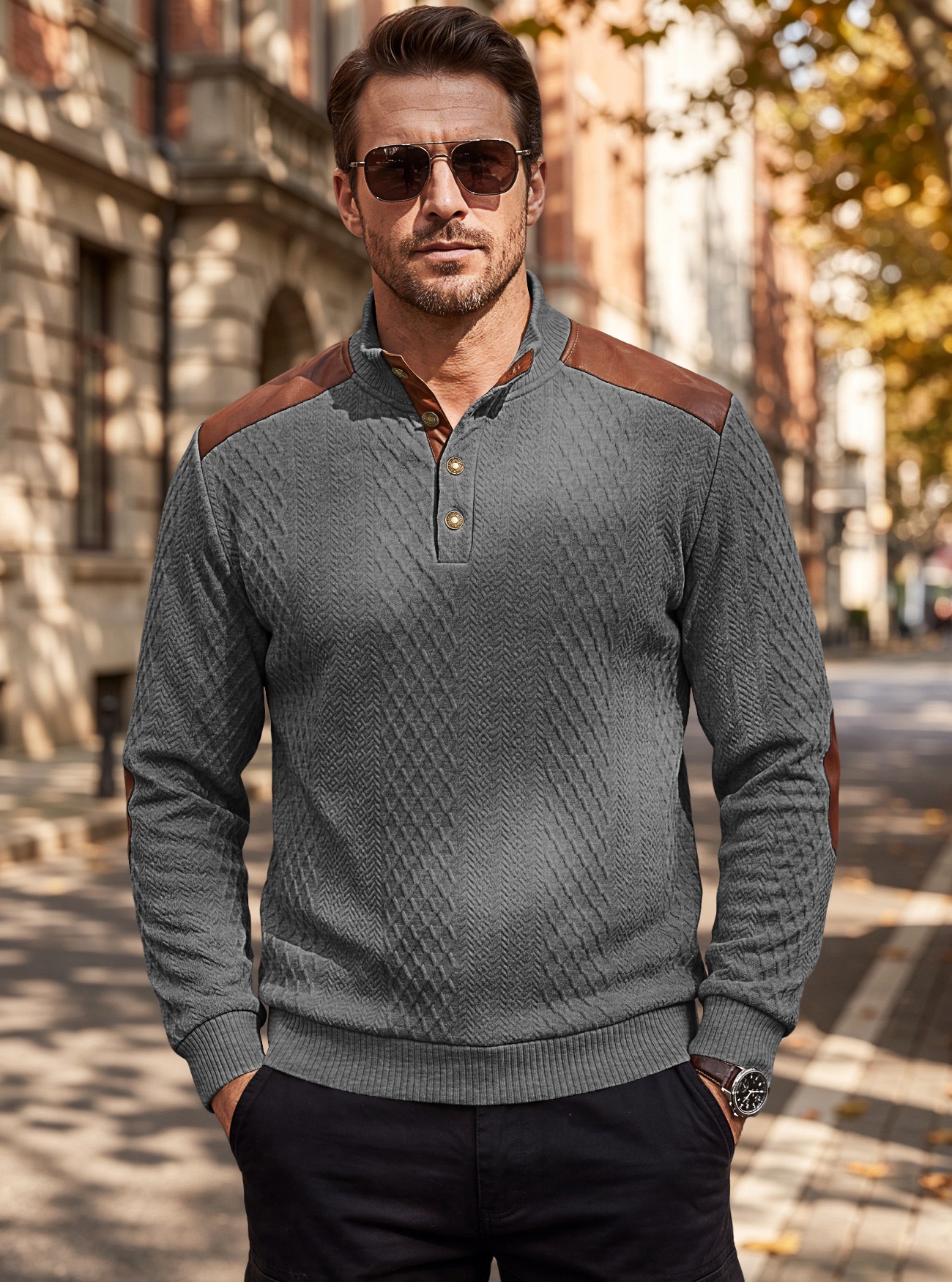 Men's Contrast Patchwork Henley Sweater