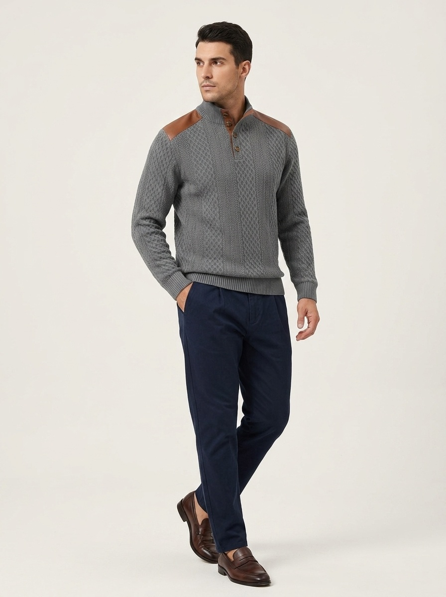 Men's Contrast Patchwork Henley Sweater