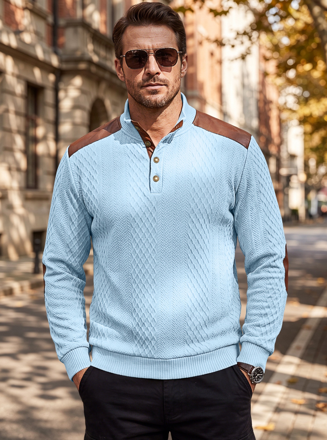 Men's Contrast Patchwork Henley Sweater