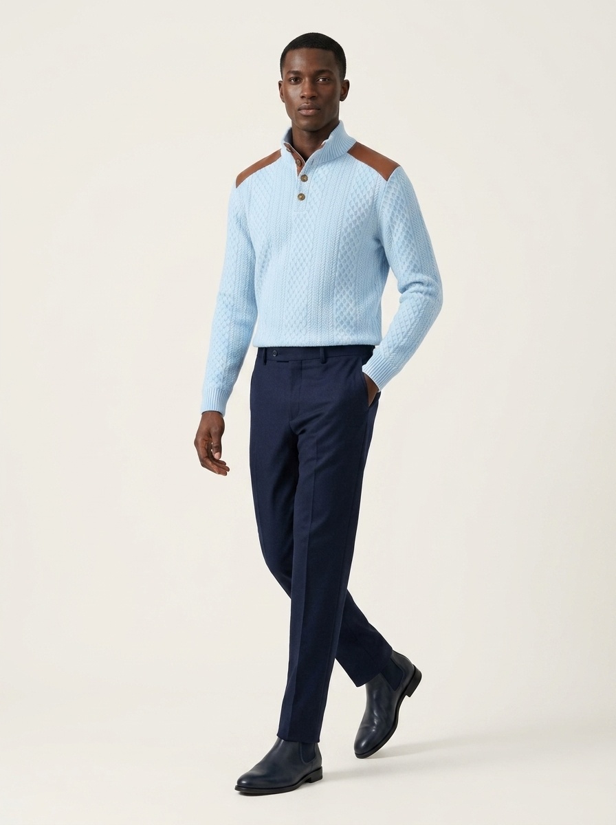 Men's Contrast Patchwork Henley Sweater