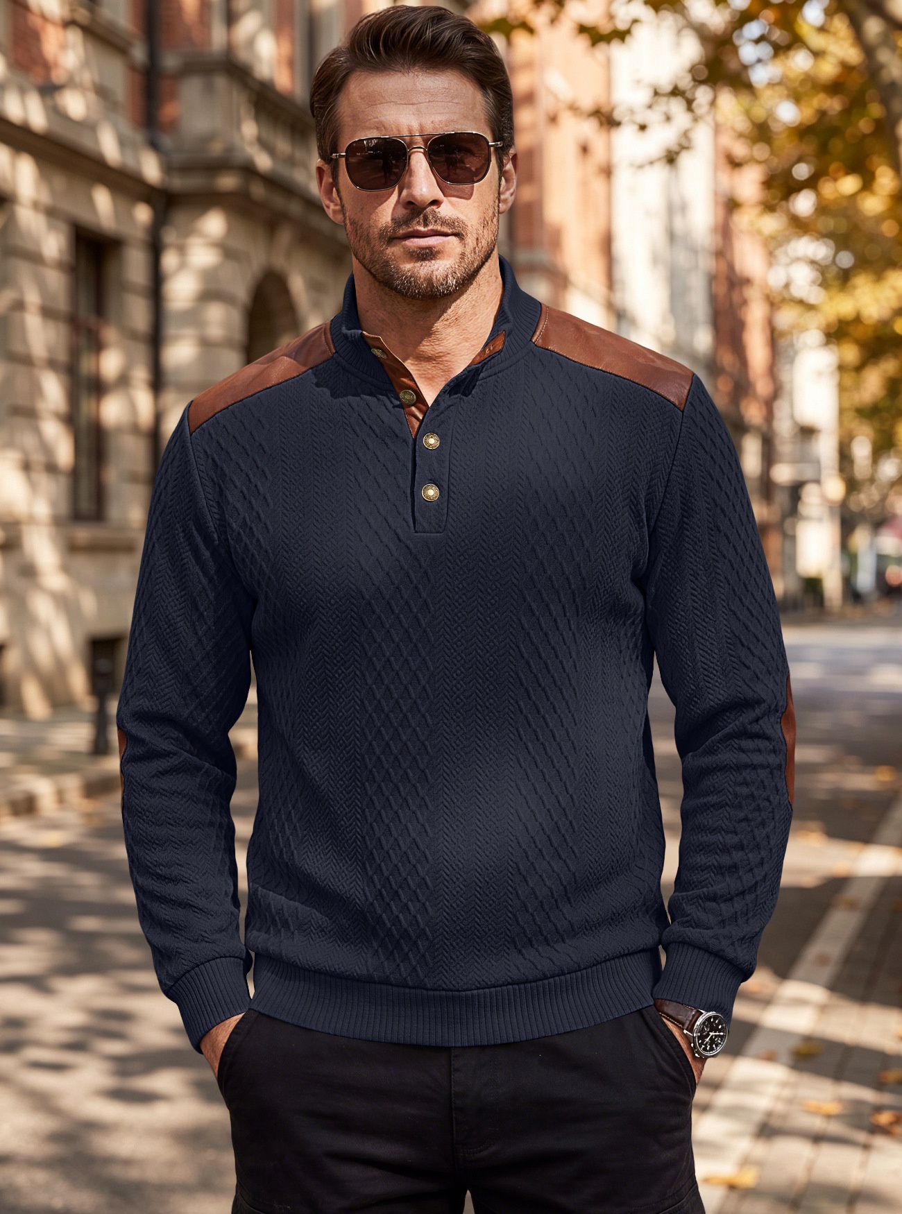 Men's Contrast Patchwork Henley Sweater