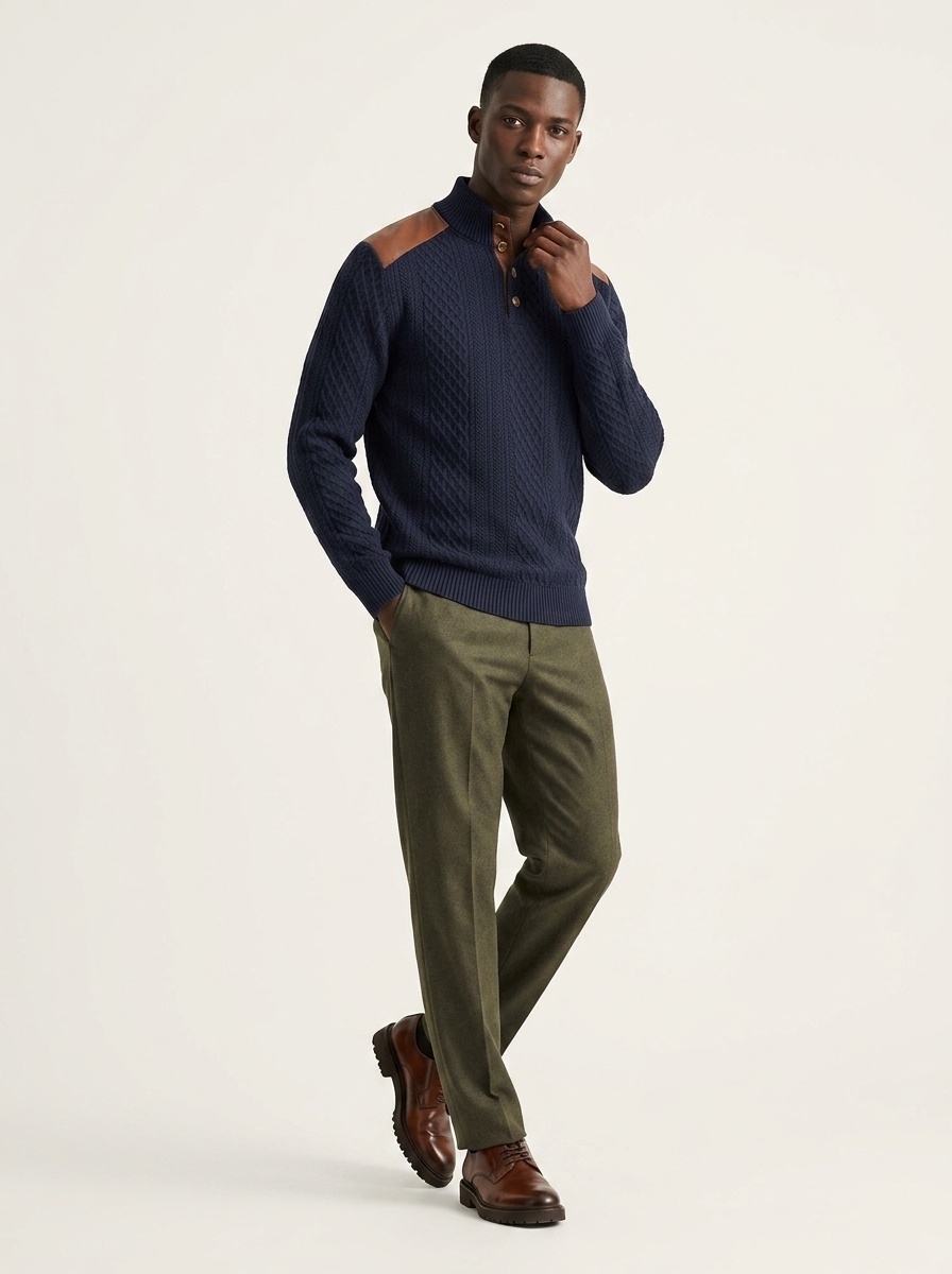 Men's Contrast Patchwork Henley Sweater