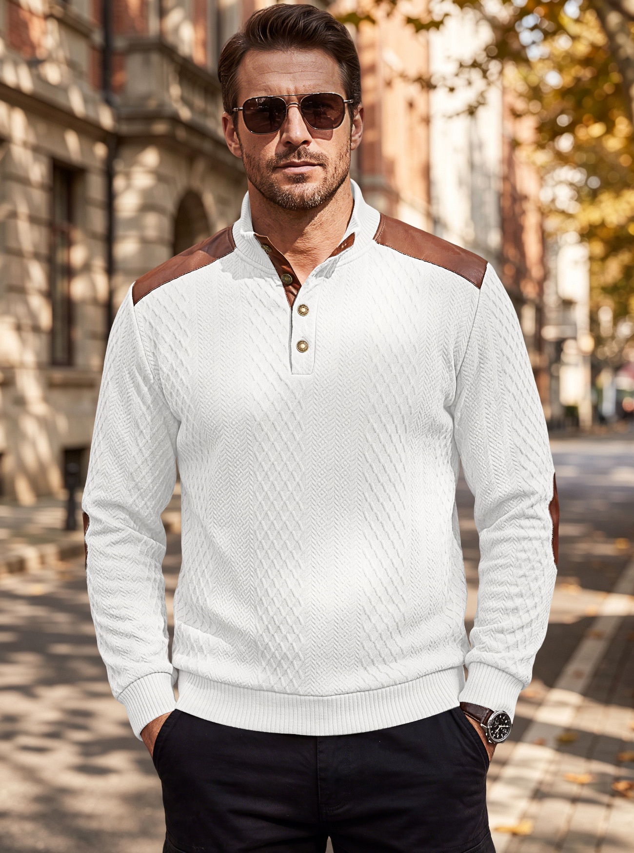 Men's Contrast Patchwork Henley Sweater