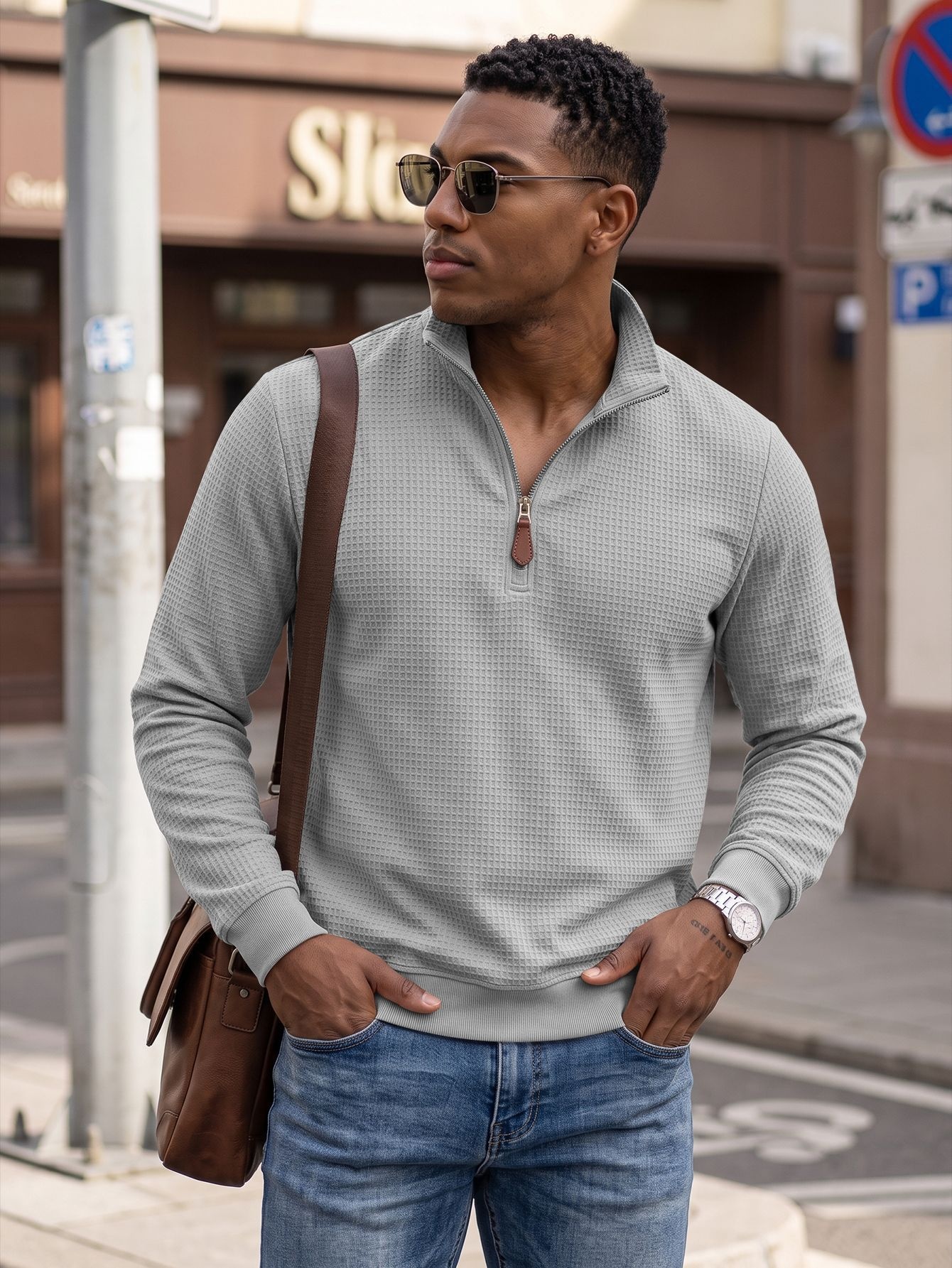 Men's Waffle Knit Quarter-Zip Pullover