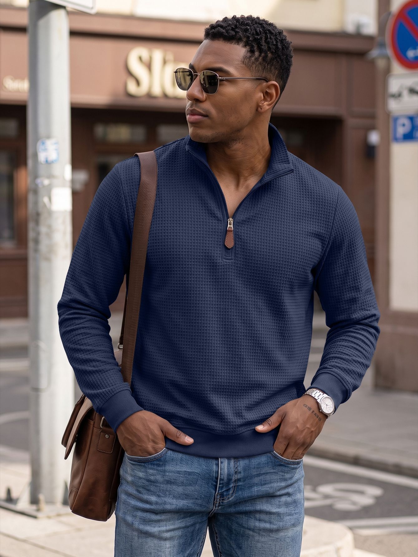 Men's Waffle Knit Quarter-Zip Pullover