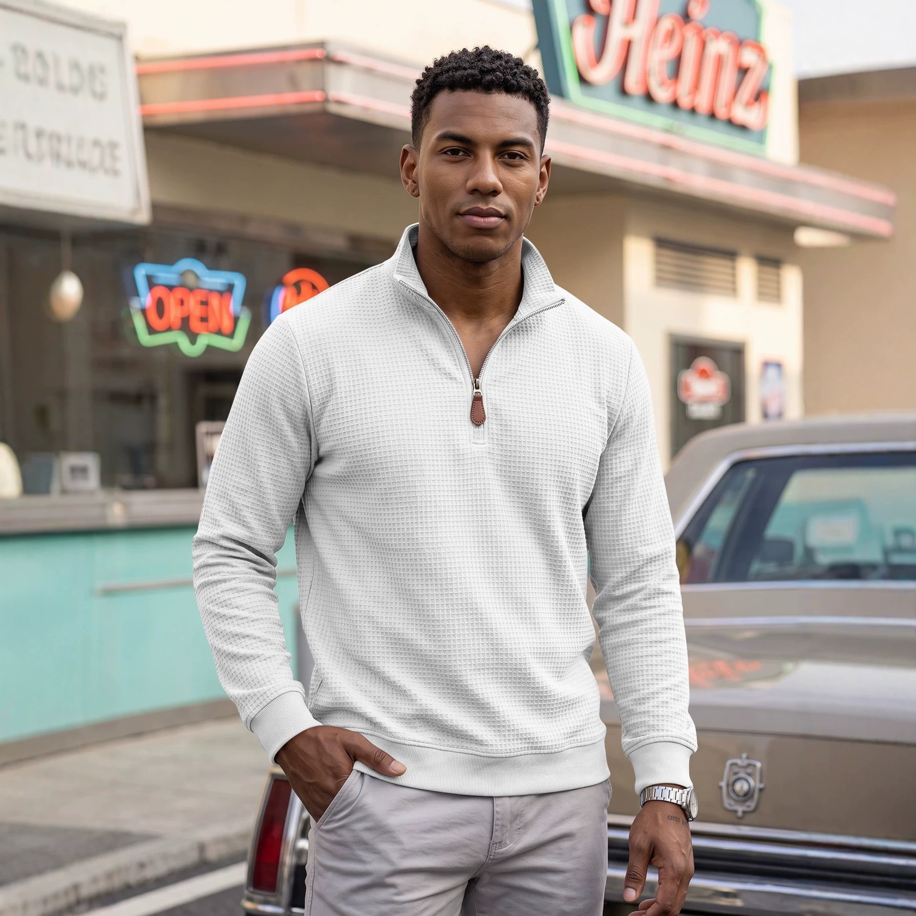 Men's Waffle Knit Quarter-Zip Pullover