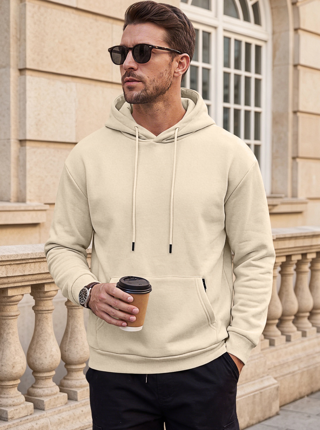 Men's Solid Color Hoodie with Zipper Pocket