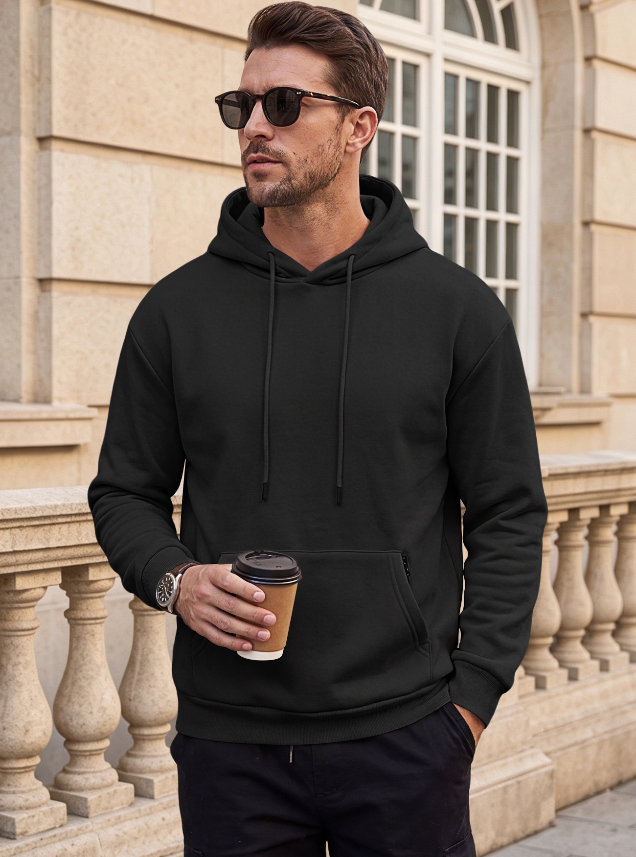 Men's Solid Color Hoodie with Zipper Pocket