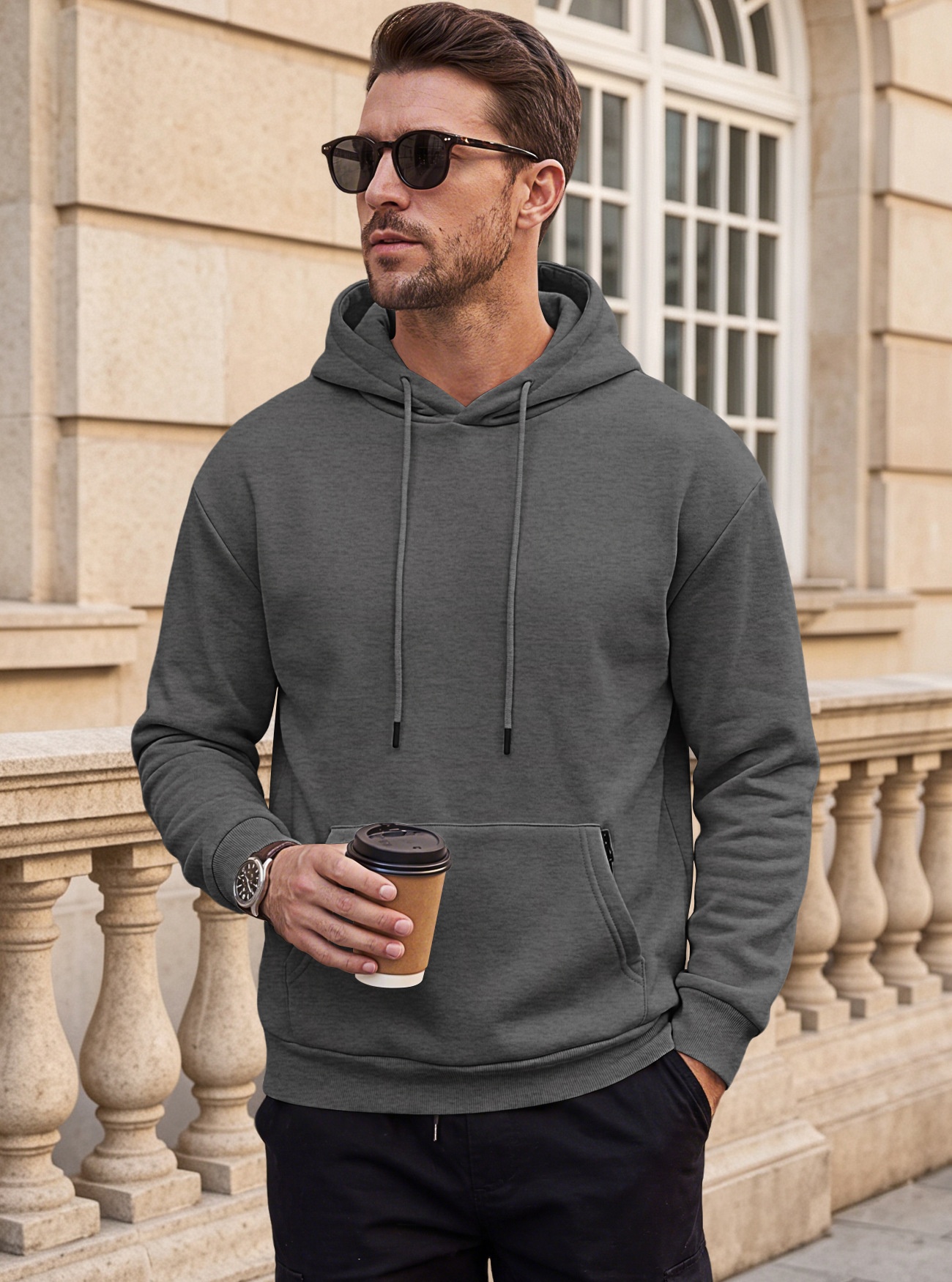 Men's Solid Color Hoodie with Zipper Pocket
