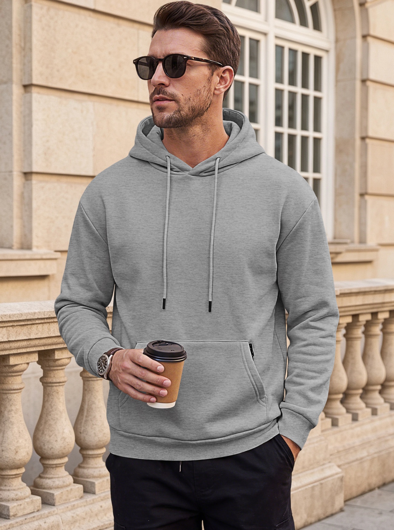 Men's Solid Color Hoodie with Zipper Pocket