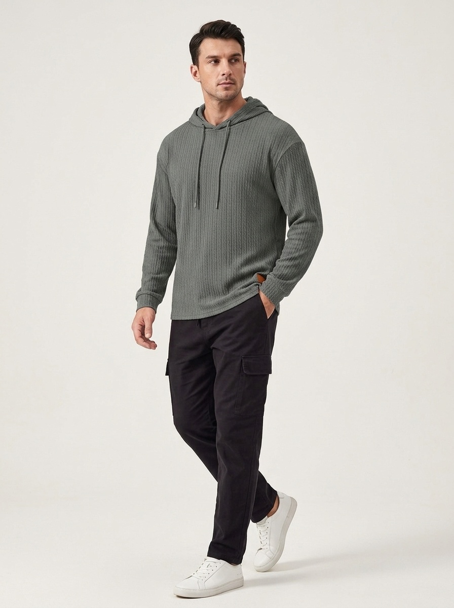 Men's Textured Knit Drawstring Hoodie