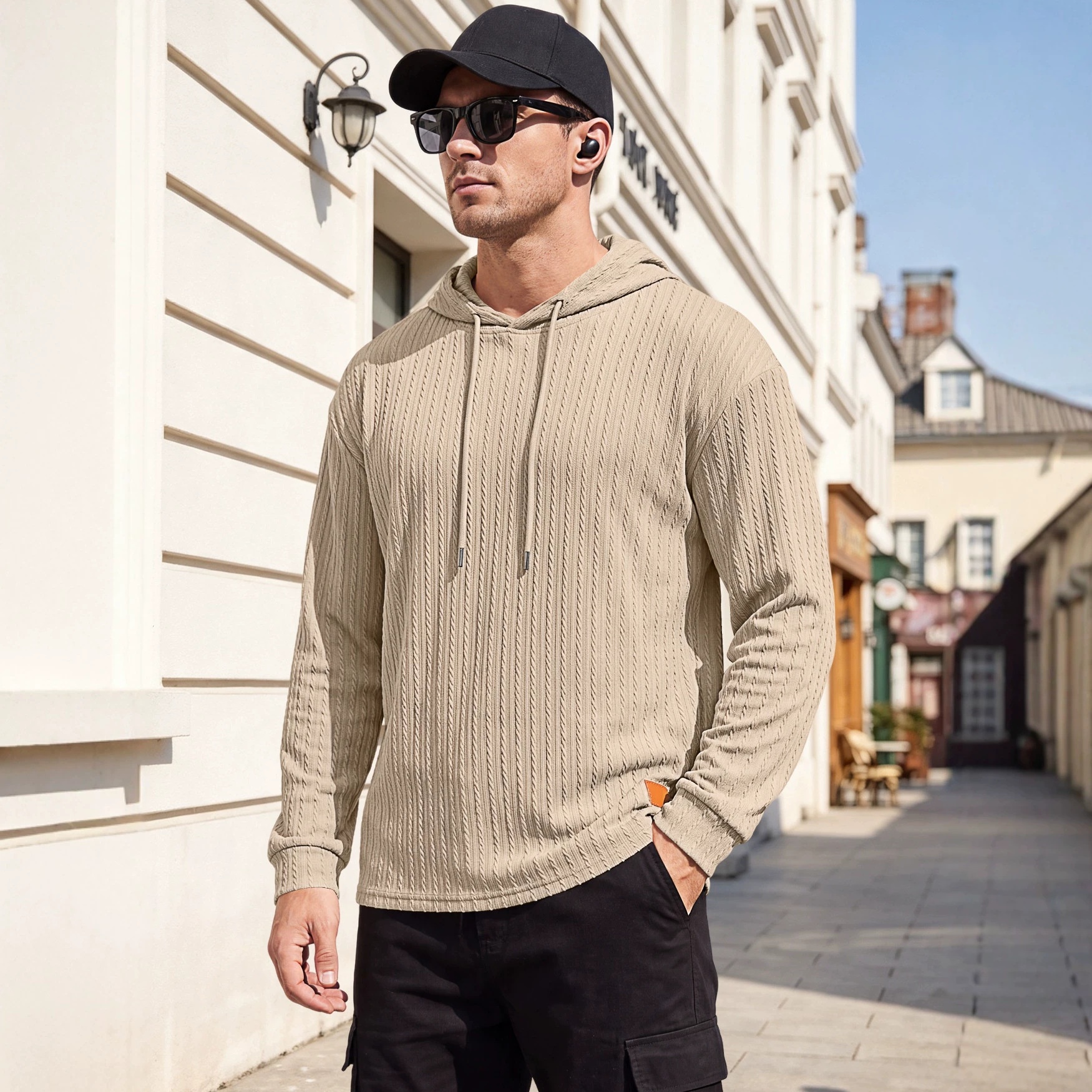 Men's Textured Knit Drawstring Hoodie