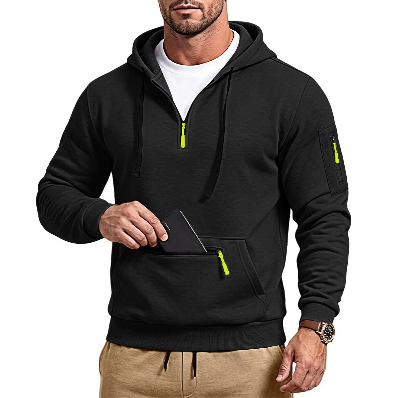 Men's Quarter-Zip Hooded Sweatshirt with Utility Pockets