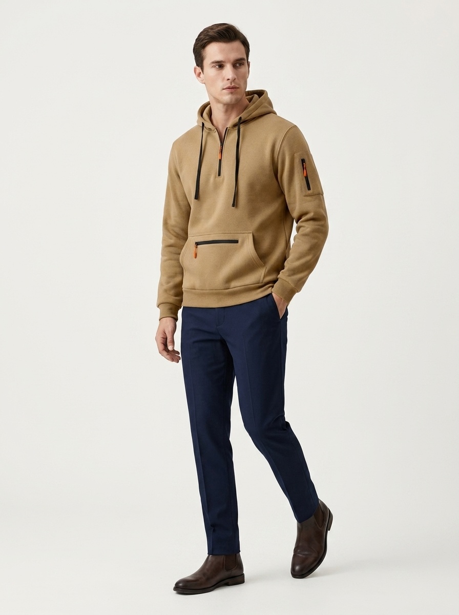 Men's Quarter-Zip Hooded Sweatshirt with Utility Pockets