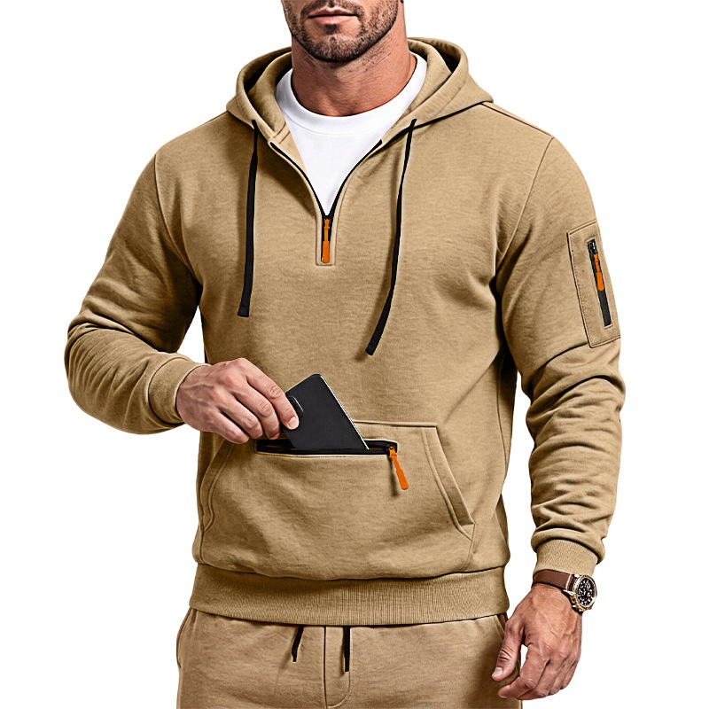Men's Quarter-Zip Hooded Sweatshirt with Utility Pockets