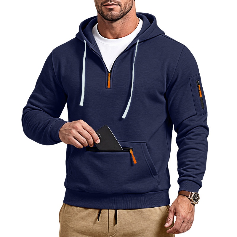 Men's Quarter-Zip Hooded Sweatshirt with Utility Pockets