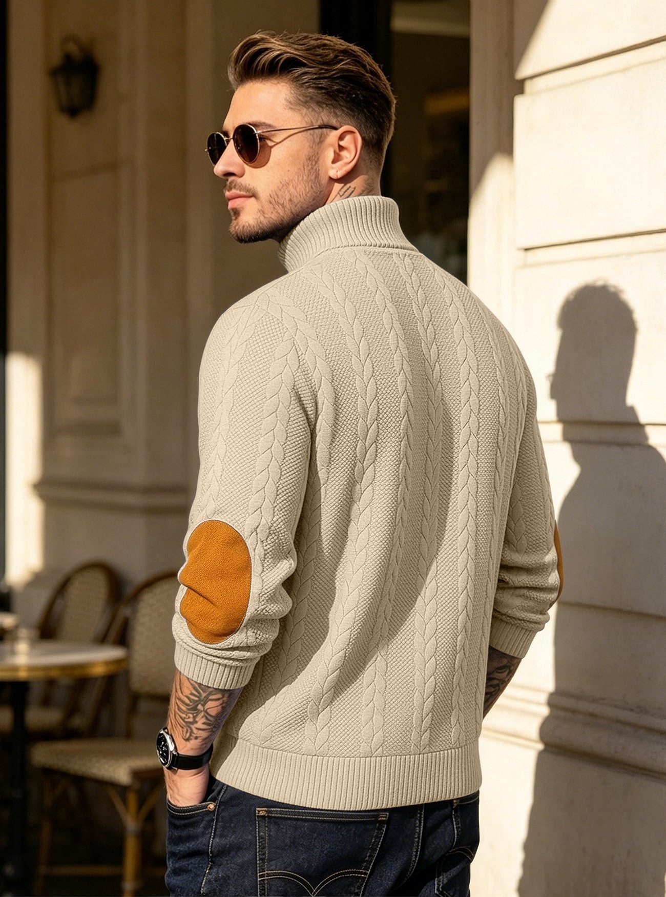 Men's Cable Knit Button Placket Mock Neck Sweater