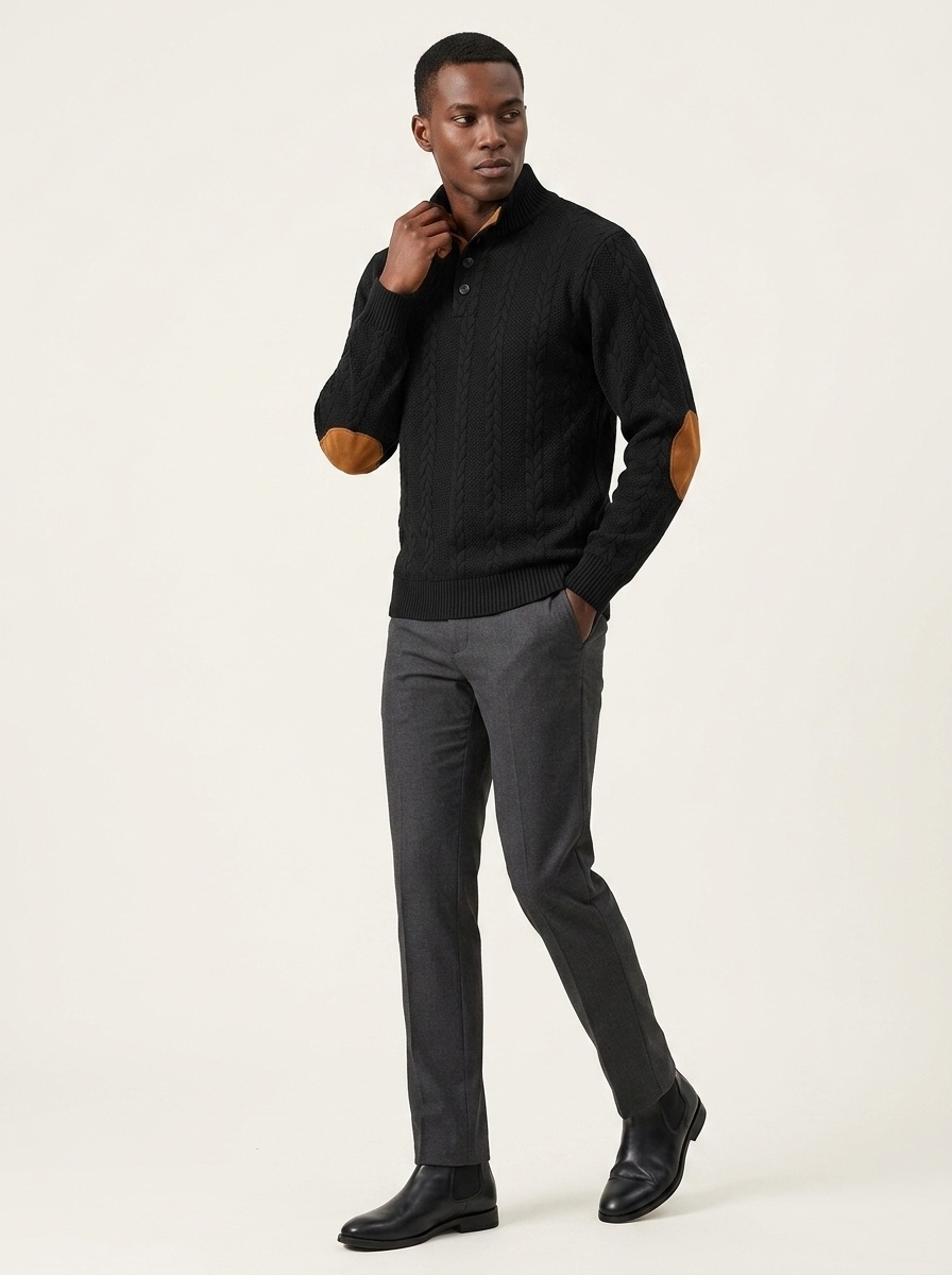 Men's Cable Knit Button Placket Mock Neck Sweater