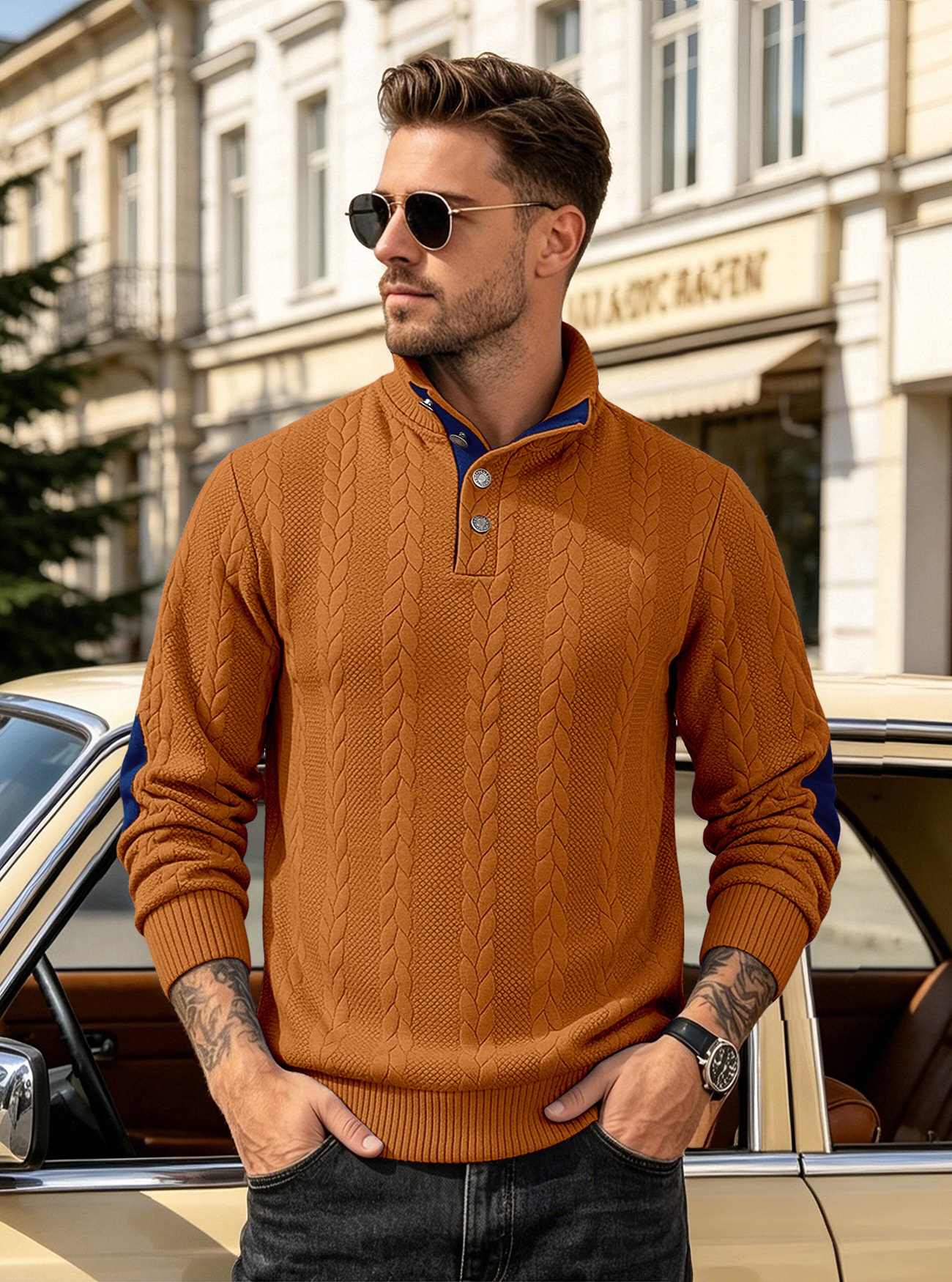 Men's Cable Knit Button Placket Mock Neck Sweater