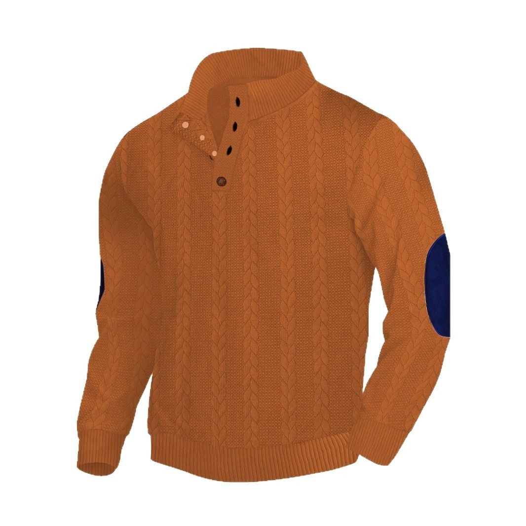 Men's Cable Knit Button Placket Mock Neck Sweater