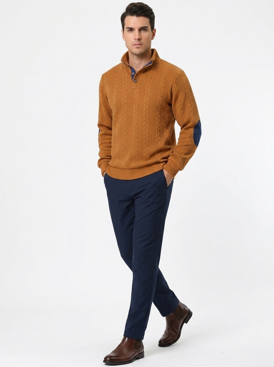 Men's Cable Knit Button Placket Mock Neck Sweater